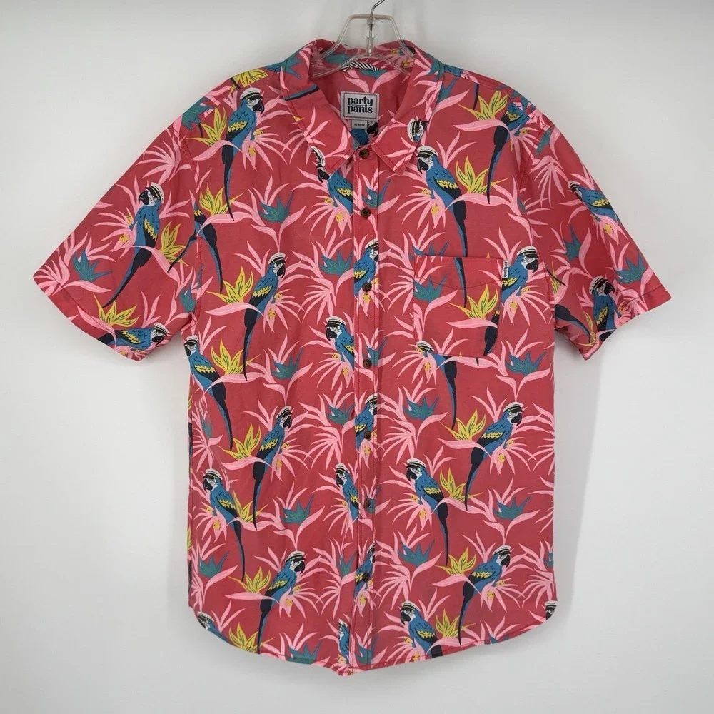 Party Pants Hawaiian Shirt XL‎ Pink Parrot Tropical Button Up Short Sleeve Beach